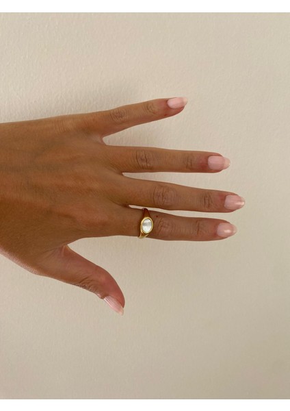 Minimal Yuvarlak Sedef Taşlı Ayarlamalı Gold Çelik Yüzük