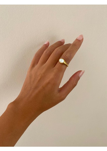 Minimal Yuvarlak Sedef Taşlı Ayarlamalı Gold Çelik Yüzük fiyatları