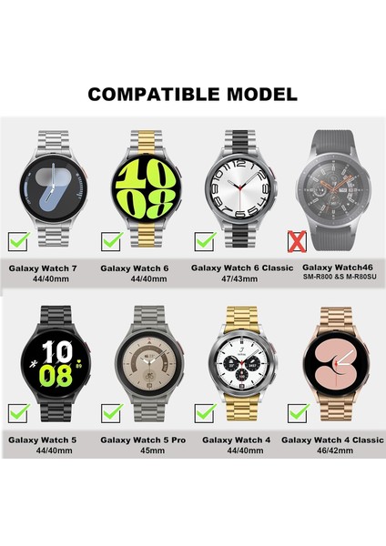 Galaxy Watch 7 / 6 / 5 / 4 Fe 40MM 44MM – Watch 6 Classic 43MM 47MM – Watch 5 Pro 45MM Uyumlu Paslanmaz Çelik Metal Kordon (20MM)