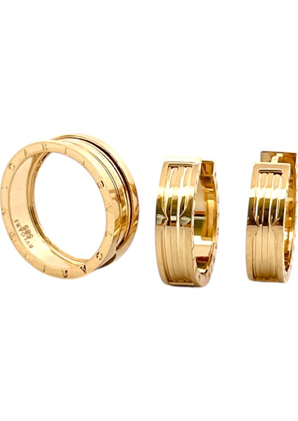 - 14 Ayar Altın Yeşil Markalı Akordeon Model Yüzük ve Küpe Seti