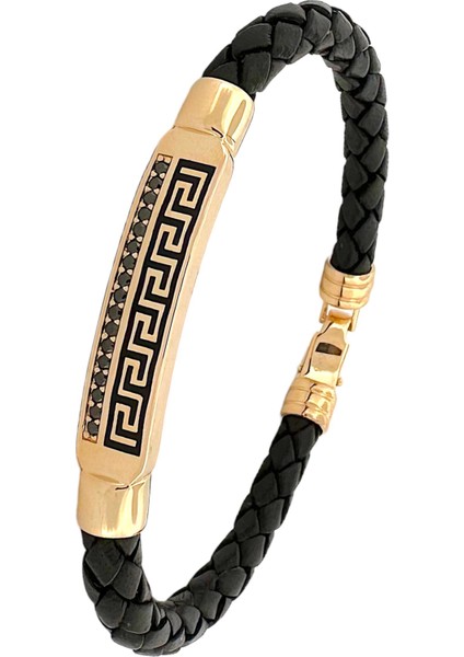 - 14 Ayar Altın Grek Desenli Taş Detaylı Örme Kauçuk Bileklik