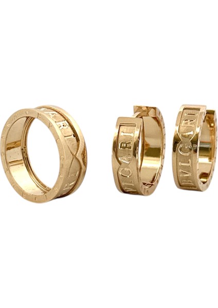 - 14 Ayar Altın Yeşil Markalı Yüzük ve Küpe Seti