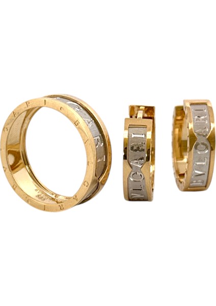 - 14 Ayar Altın Yeşil Beyaz Markalı Yüzük ve Küpe Seti