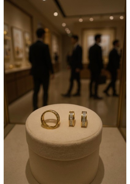 - 14 Ayar Altın Yeşil Beyaz Markalı Yüzük ve Küpe Seti modelleri