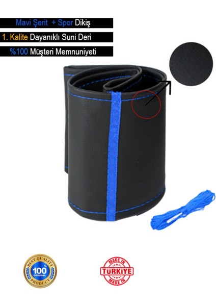 Volvo V70 Deri Direksiyon Kılıfı, Mavi Şeritli Spor Dikiş