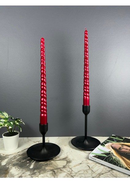 Burgu Desenli 2 Adet Uzun Şamdan Mumu - Kırmızı