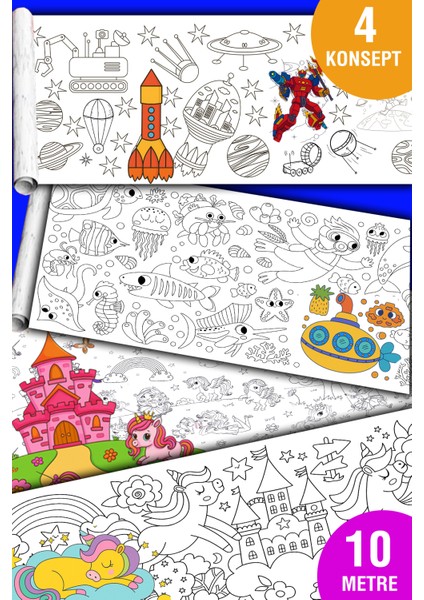 Boyama 4 Konsept Boyama Rulosu Büyük Boy Toplam 10 Metre Rulo Boyama Kağıdı Çocuk Anaokulu ve Kreşler Için Aktivite Çocuk Eğitici Boyama