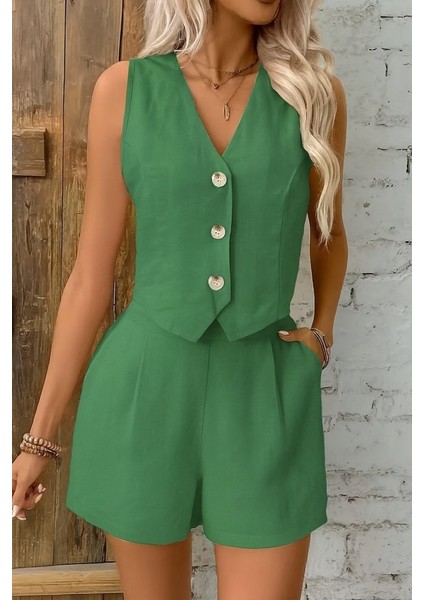 Kadın Kolsuz Askılı V Yakalı Önden Düğmeli Ithal Keten Ceket ve Short Ikili Takım