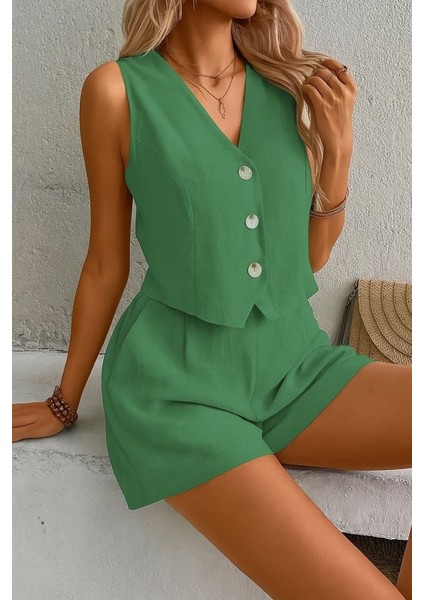 Kadın Kolsuz Askılı V Yakalı Önden Düğmeli Ithal Keten Ceket ve Short Ikili Takım fiyatları