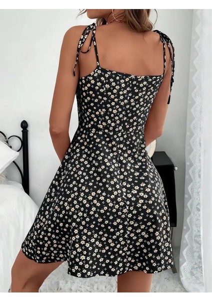 Kadın Ip Askılı Omuzlardan Bağcıklı Çiçek Desenli Süprem Elbise modelleri