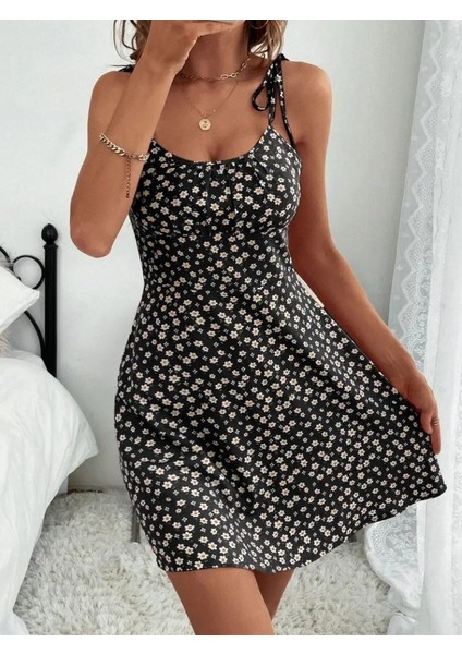 Kadın Ip Askılı Omuzlardan Bağcıklı Çiçek Desenli Süprem Elbise indirimleri