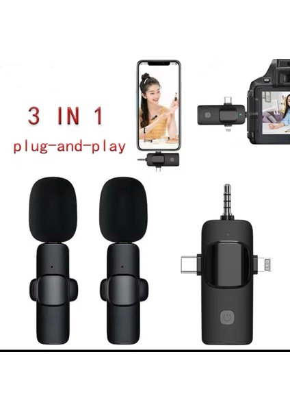 iPhone 12 Uyumlu Ikili Kablosuz Yaka Mikrofonu 3.5mm Aux Youtube Facebook Tiktok Vlog