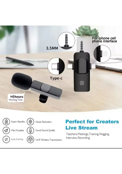 iPhone 12 Uyumlu Ikili Kablosuz Yaka Mikrofonu 3.5mm Aux Youtube Facebook Tiktok Vlog