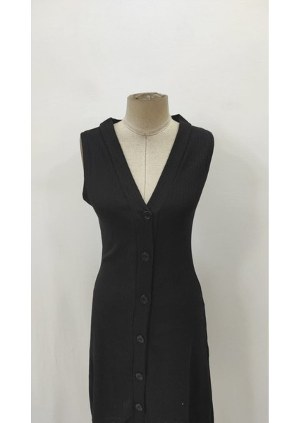 Kadın V Yakalı Önden Düğmeli Kaşkorse Elbise