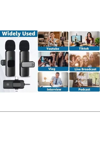 Ikili Kablosuz Yaka Mikrofonu 3.5mm Aux iPhone Type-C Pc Tablet Video Kayıt Vlog USB C ve Amfi fırsatları
