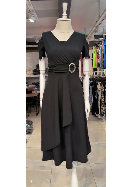 Kadın Kısa Kollu Kruvaze Yaka Kuşak ve Toka Detay Krep Elbise fırsatları