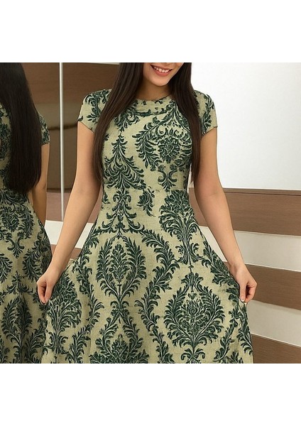 Kadın Kısa Kollu Bisiklet Yaka Puantiyeli Maksi Örme Krep Elbise fiyatları