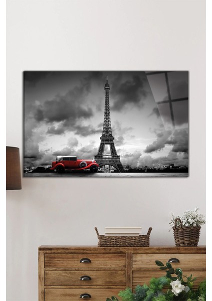 Paris Eiffel Kulesi Kırmızı Araba Yatay Cam Tablo, Manzara, Ev ve Ofis Duvar Dekoru, Lüks Hediyelik fiyatları