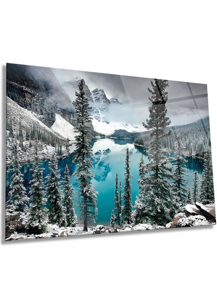 Karlı Göl Orman Manzarası Yatay Cam Tablo, Ev ve Ofis Duvar Dekoru, Lüks Hediyelik