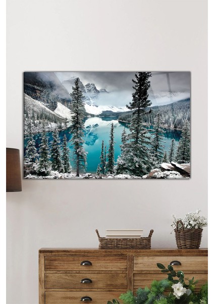 Karlı Göl Orman Manzarası Yatay Cam Tablo, Ev ve Ofis Duvar Dekoru, Lüks Hediyelik fiyatları