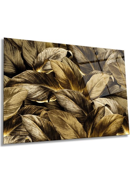 Altın Yapraklar Yatay Cam Tablo, Doğa, Ev ve Ofis Duvar Dekoru, Lüks Hediyelik
