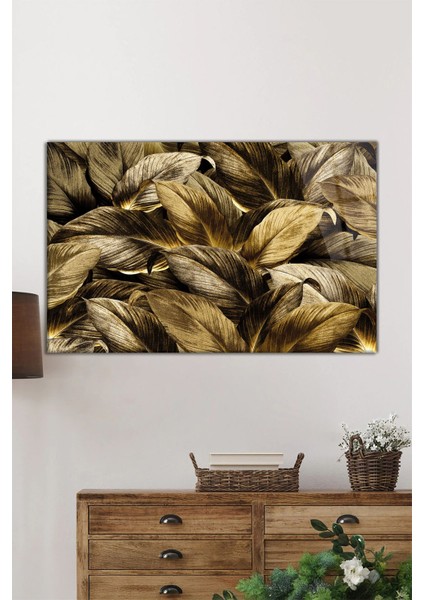 Altın Yapraklar Yatay Cam Tablo, Doğa, Ev ve Ofis Duvar Dekoru, Lüks Hediyelik fiyatları