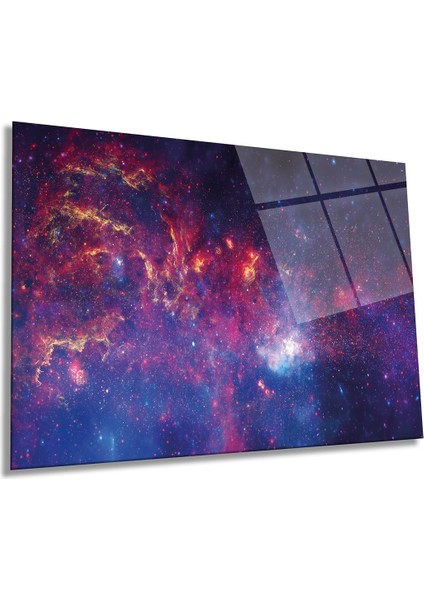 Kırmızı Mavi Galaksi Yatay Cam Tablo, Evren, Ev ve Ofis Duvar Dekoru, Lüks Hediyelik