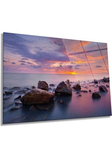 Denizde Gün Batımı Manzarası Yatay Cam Tablo, Ev ve Ofis Duvar Dekoru, Lüks Hediyelik