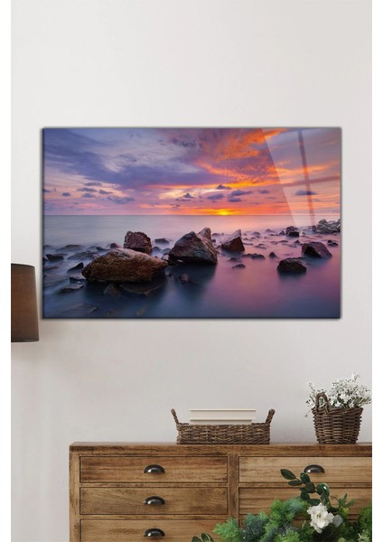 Denizde Gün Batımı Manzarası Yatay Cam Tablo, Ev ve Ofis Duvar Dekoru, Lüks Hediyelik fiyatları