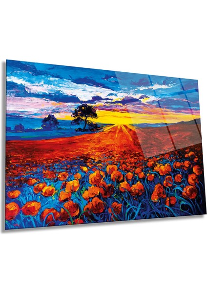 Kırmızı Gelincik Tarlası Yatay Cam Tablo, Doğa, Ev ve Ofis Duvar Dekoru, Lüks Hediyelik