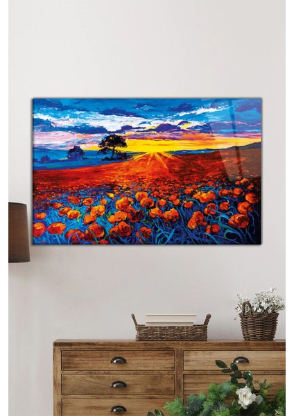Kırmızı Gelincik Tarlası Yatay Cam Tablo, Doğa, Ev ve Ofis Duvar Dekoru, Lüks Hediyelik fiyatları