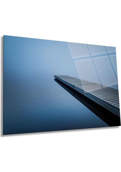 Gri Ahşap Iskele Manzarası Yatay Cam Tablo, Ev ve Ofis Duvar Dekoru, Lüks Hediyelik