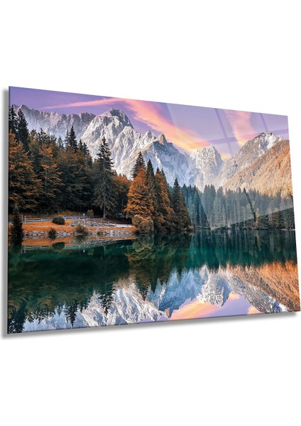 Tabiat Göl Manzarası Yatay Cam Tablo, Ev ve Ofis Duvar Dekoru, Lüks Hediyelik