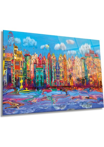 Yağlı Boya Görünüm Venedik Şehri Yatay Cam Tablo, Modern, Ev ve Ofis Duvar Dekoru, Lüks Hediyelik