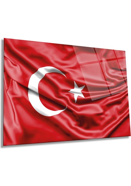 Kırmızı Dalgalı Türk Bayrağı Yatay Cam Tablo, Türkiye Bayrak, Ev Ofis Duvar Dekoru, Lüks Hediyelik