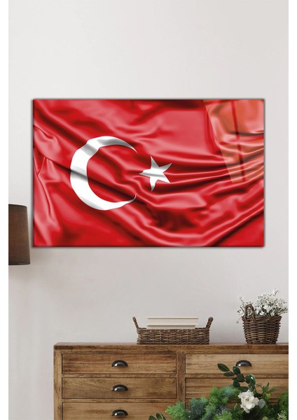 Kırmızı Dalgalı Türk Bayrağı Yatay Cam Tablo, Türkiye Bayrak, Ev Ofis Duvar Dekoru, Lüks Hediyelik fiyatları