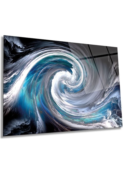 Mavi Girdap Yatay Cam Tablo, Modern, Ev ve Ofis Duvar Dekoru, Lüks Hediyelik