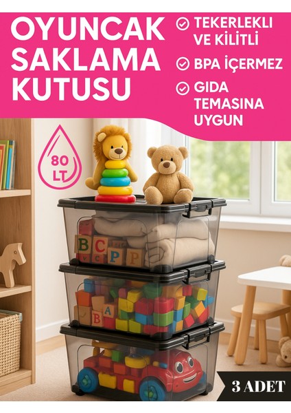 80 Lt Kapaklı Oyuncak Saklama Kutusu 3’lü Set – Tekerlekli Kilitli Bpa Içermez Çocuk Odası Organizer