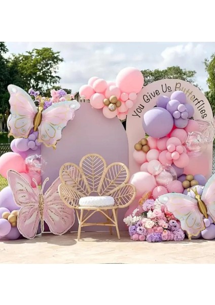 Retro Kelebek Folyo Balonlu Pembe Lila Gold Balon Zinciri Doğum Günü Parti Seti Süsü
