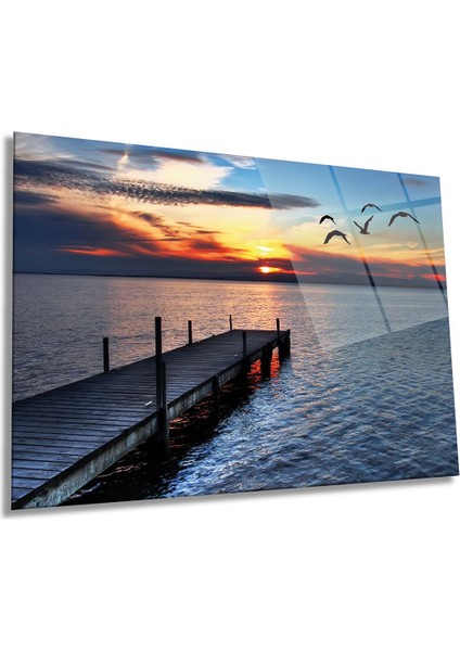 Kuşlar Deniz ve Manzarası Yatay Cam Tablo, Ev ve Ofis Duvar Dekoru, Lüks Hediyelik
