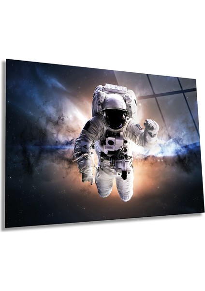 Uzayda Astronot Yatay Cam Tablo, Evren ve Galaksi, Ev ve Ofis Duvar Dekoru, Lüks Hediyelik