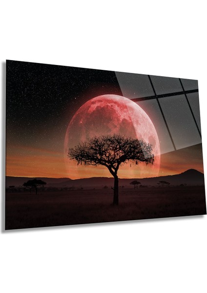 Kızıl Gökyüzü Ağaç ve Dolunay Yatay Cam Tablo, Modern, Ev ve Ofis Duvar Dekoru, Lüks Hediyelik