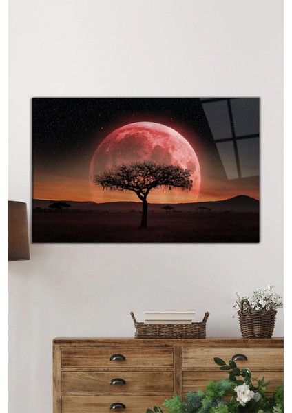 Kızıl Gökyüzü Ağaç ve Dolunay Yatay Cam Tablo, Modern, Ev ve Ofis Duvar Dekoru, Lüks Hediyelik fiyatları