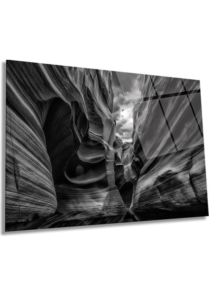 Siyah Beyaz Kanyon Manzarası Yatay Cam Tablo, Ev ve Ofis Duvar Dekoru, Lüks Hediyelik