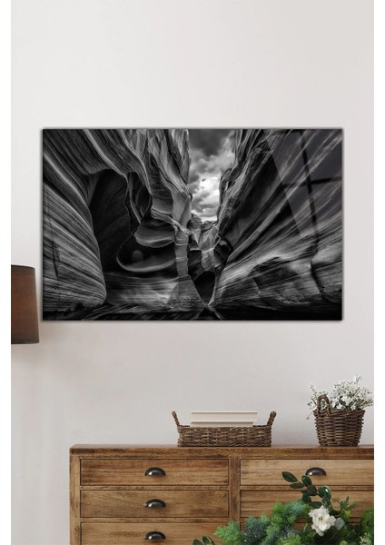 Siyah Beyaz Kanyon Manzarası Yatay Cam Tablo, Ev ve Ofis Duvar Dekoru, Lüks Hediyelik fiyatları