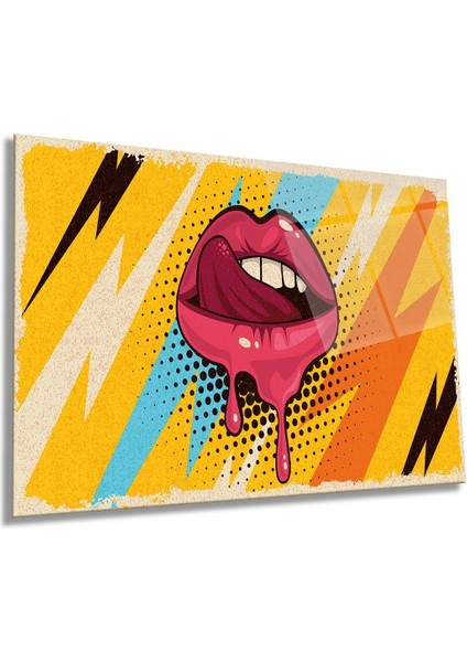 Pop Art Retro Kadın Dudağı Yatay Cam Tablo, Modern, Ev ve Ofis Duvar Dekoru, Lüks Hediyelik