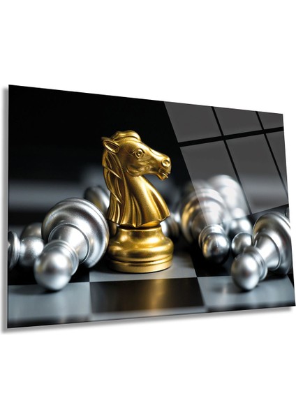 Altın Satranç Takımı Yatay Cam Tablo, Modern, Ev ve Ofis Duvar Dekoru, Lüks Hediyelik