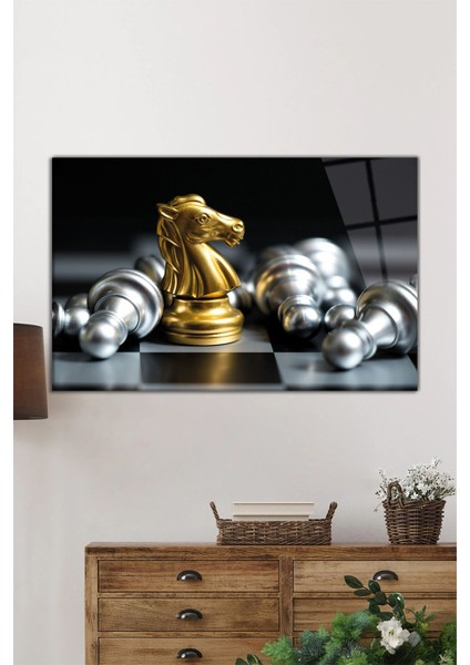 Altın Satranç Takımı Yatay Cam Tablo, Modern, Ev ve Ofis Duvar Dekoru, Lüks Hediyelik fiyatları