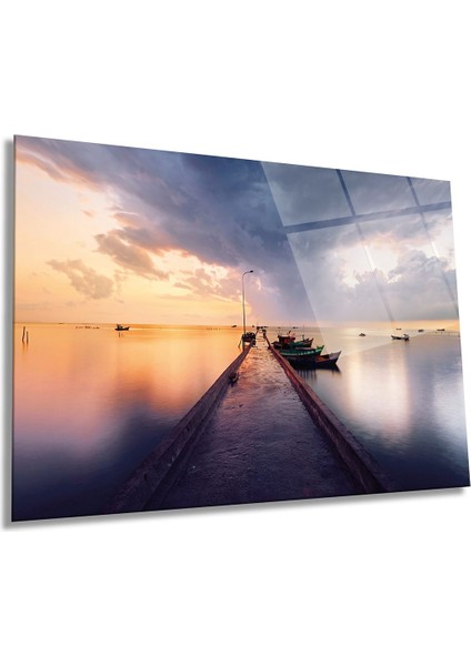 Tekneler ve Gün Batımı Manzarası Yatay Cam Tablo, Ev ve Ofis Duvar Dekoru, Lüks Hediyelik