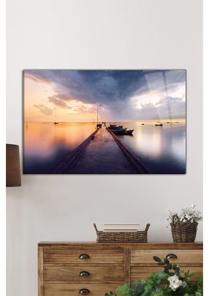 Tekneler ve Gün Batımı Manzarası Yatay Cam Tablo, Ev ve Ofis Duvar Dekoru, Lüks Hediyelik fiyatları